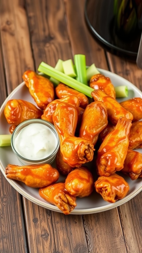 Crispy Air Fryer Chicken Wings Recipe Crispy air fryer chicken wings tossed in buffalo sauce, served with celery sticks and blue cheese dressing on a rustic table.